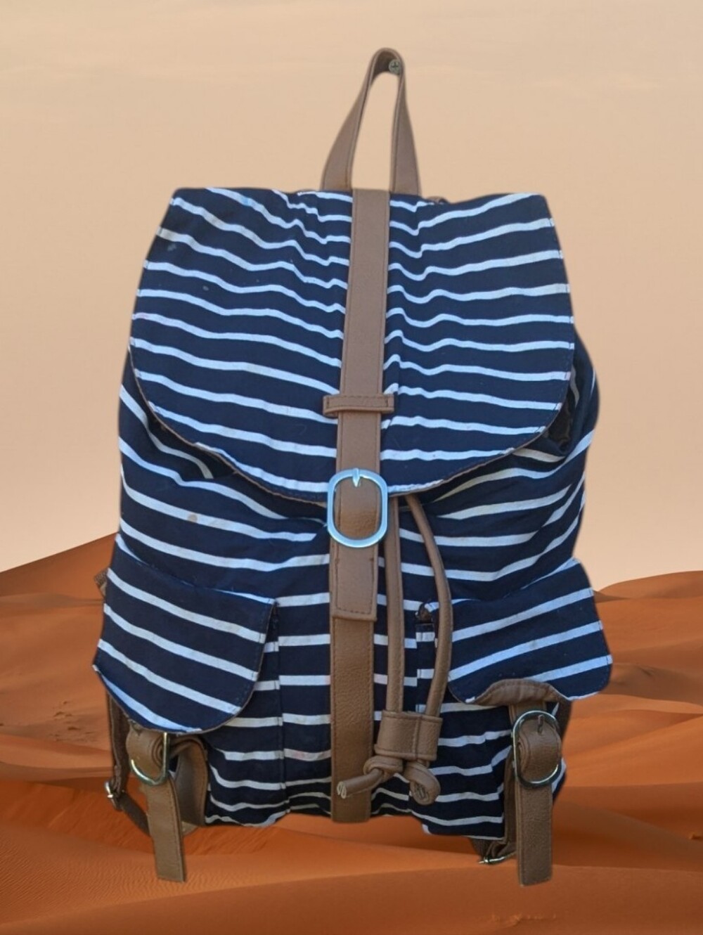 Women's Navy Blue & White Striped Cargo Backpack